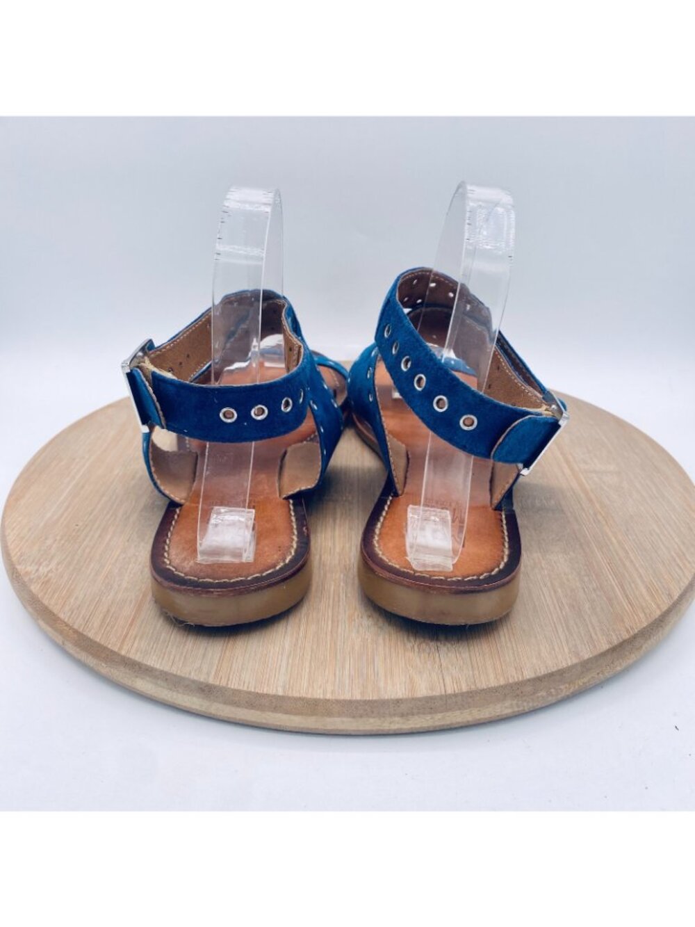 Miz Mooz Sandals Womens 8.5 Blue Leather Ankle Strap Studded Flats Peep - Picture 8 of 12